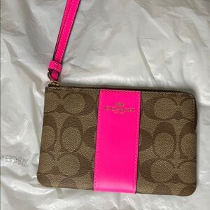 Coach Signature Brown and Neon Pink Wristlet